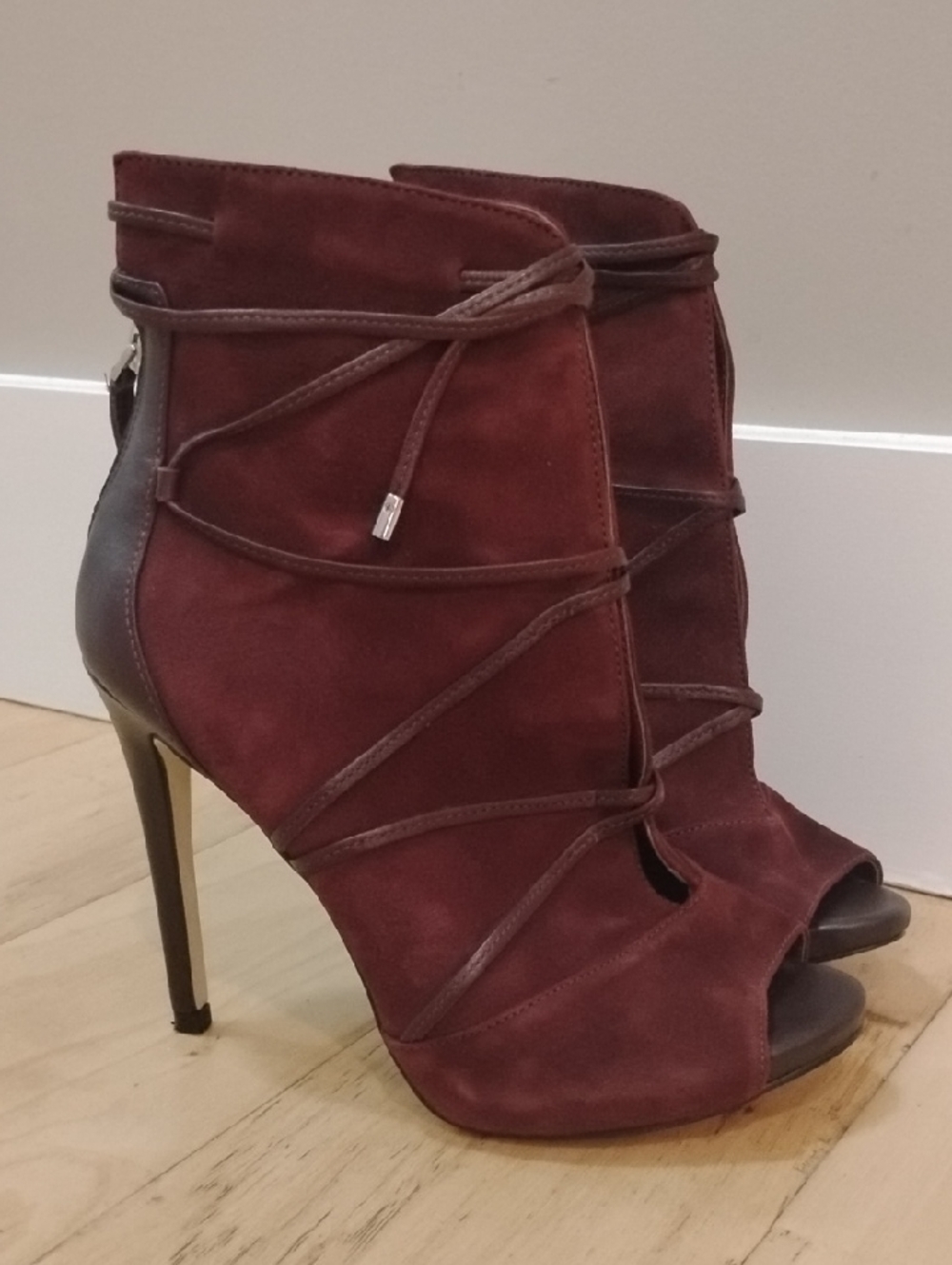 Guess Burgundy Suede Lace-Up Peep-Toe Stiletto Booties